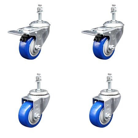 Service Caster 3 Inch SS Blue Poly Swivel 10mm Threaded Stem Caster Total Lock Brake, 2PK SSTSTTL20S314-PPUB-BLUE-M1015-2-S-2